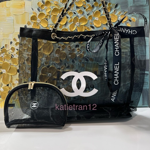 CHANEL Mesh Shopping Tote / Beach Bag / Shoulder Bag and Cosmetic Makeup Bag - Picture 1 of 3